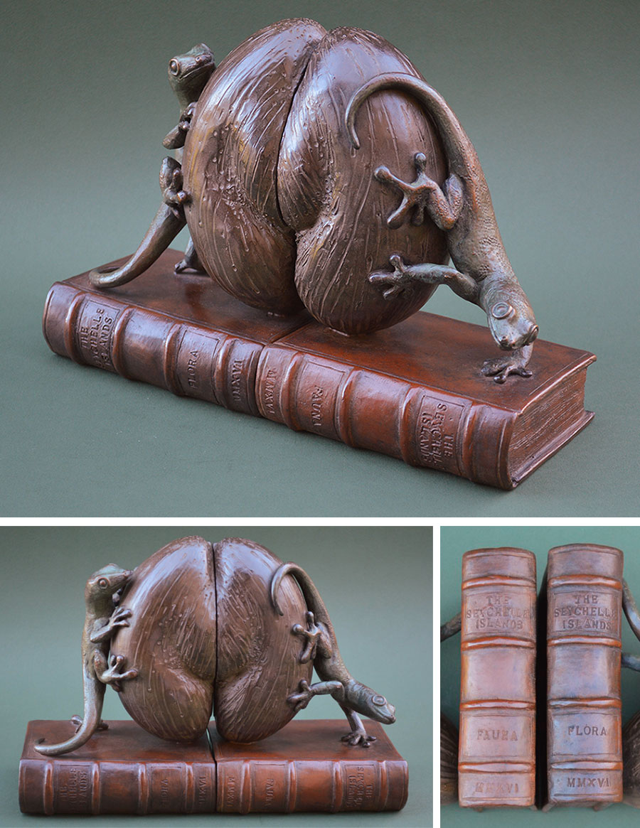 gecko bookends - bronze sculpture