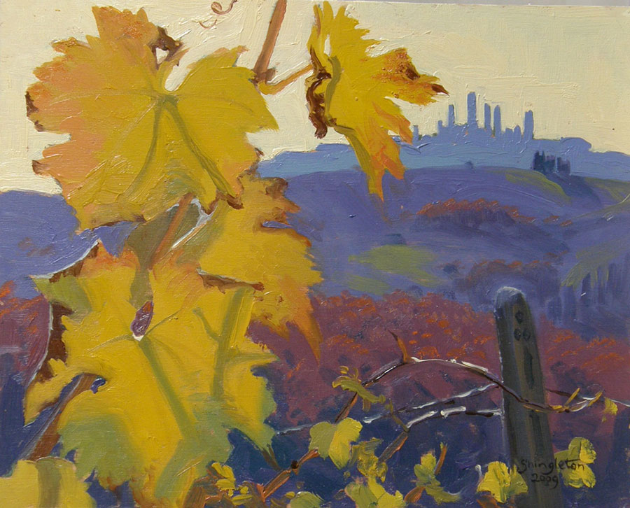 San Gimignano e foglie di vite autunnali - dipinto a olio di Anne Shingleton