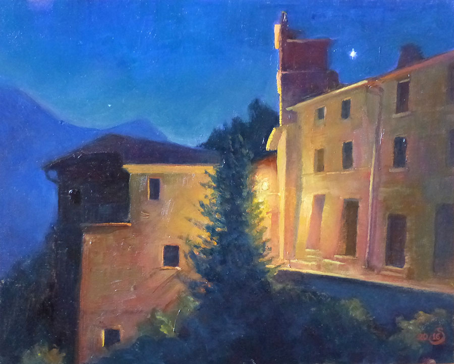 Il campanile di notte, Stazzema - olio su tela di Anne Shingleton